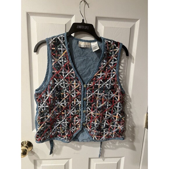 Casey & Max Blue Vest Size L Lattice Work Quilt Cotton Plaid Denim Hipster boho - Picture 6 of 6